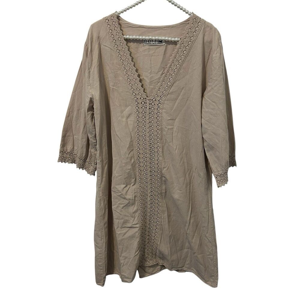 SEASPICE 100% Peruvian Cotton Large‎ tan Crochet Lace Tunic Beach Swim Coverup